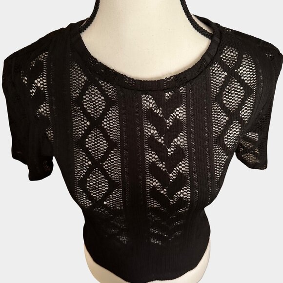 Zara Black Lace Knit Short-Sleeve Womens Top Size S Ribbed Hem Elegant Design - Picture 5 of 16